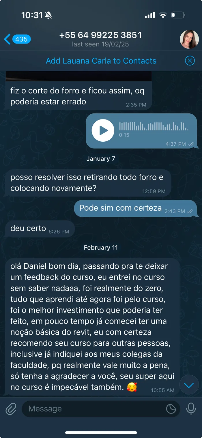 Print de depoimento de um aluno do Revit do Zero ao Expert