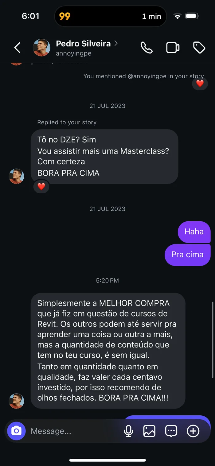 Print de depoimento de um aluno do Revit do Zero ao Expert