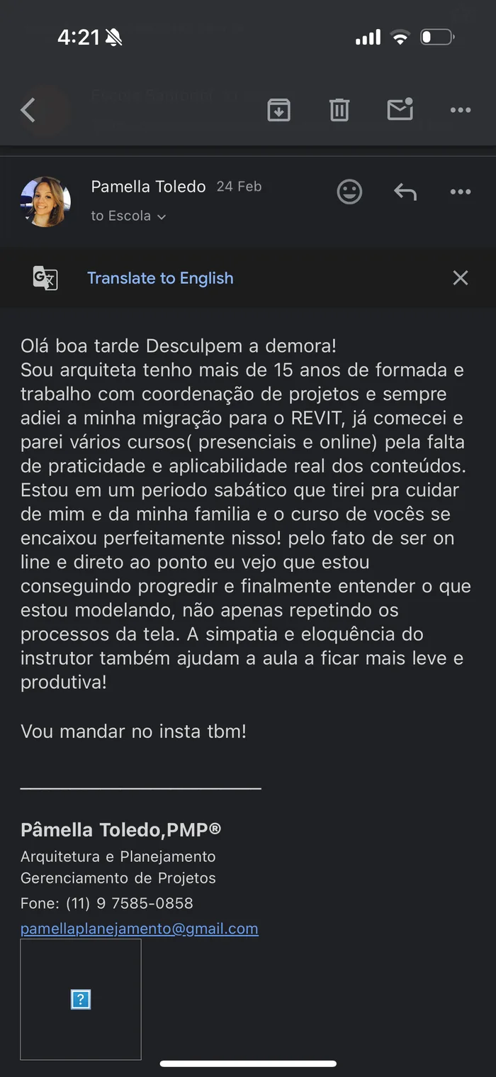 Print de depoimento de um aluno do Revit do Zero ao Expert