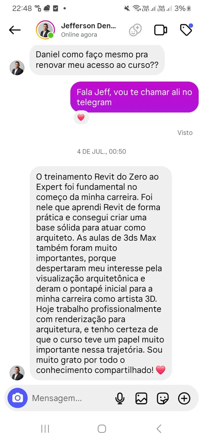 Print do depoimento enviado por Jefferson Denis, aluno do Revit do Zero ao Expert