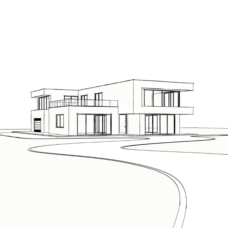 Estudo inicial da volumetria de uma residência desenhado em linhas
