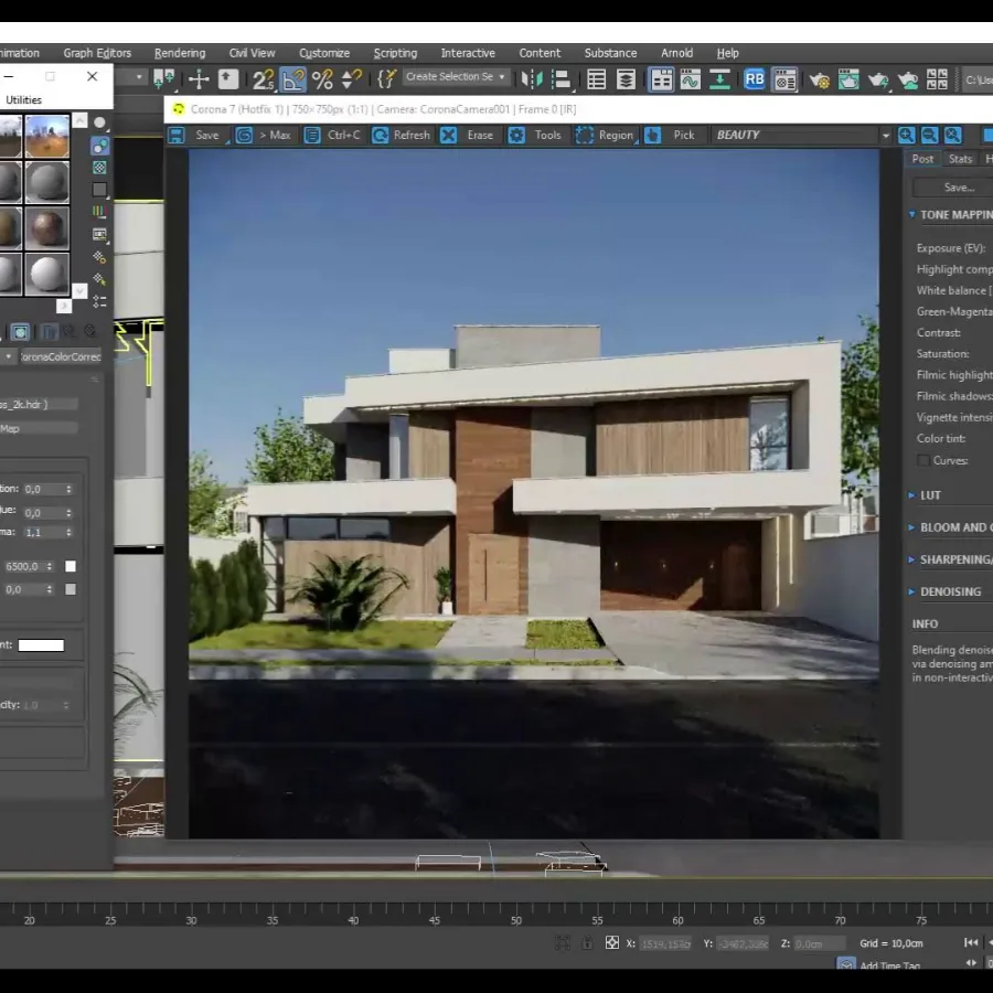 Cena no 3ds Max com o Corona Renderer processando o render final
