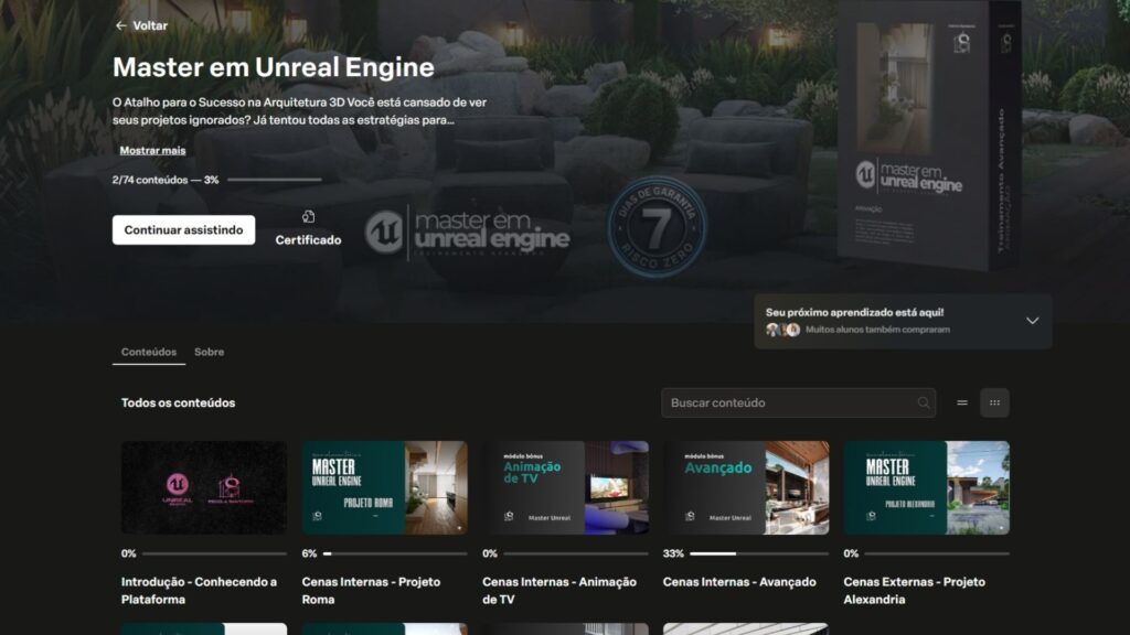 Área de membros do Master em Unreal Engine, com os módulos organizados em Introdução, Cenas Internas e Cenas Externas