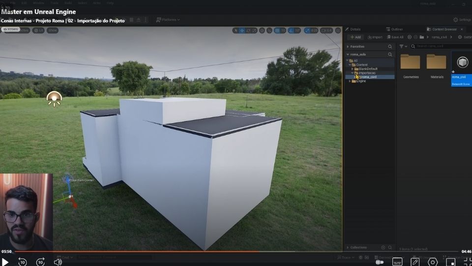 Aula de importação do projeto: o modelo entra na Unreal Engine pelo Datasmith