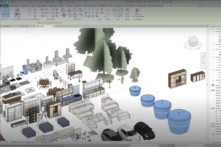 Biblioteca de famílias paramétricas do Template Santorini para Revit, com mobiliário e componentes organizados.