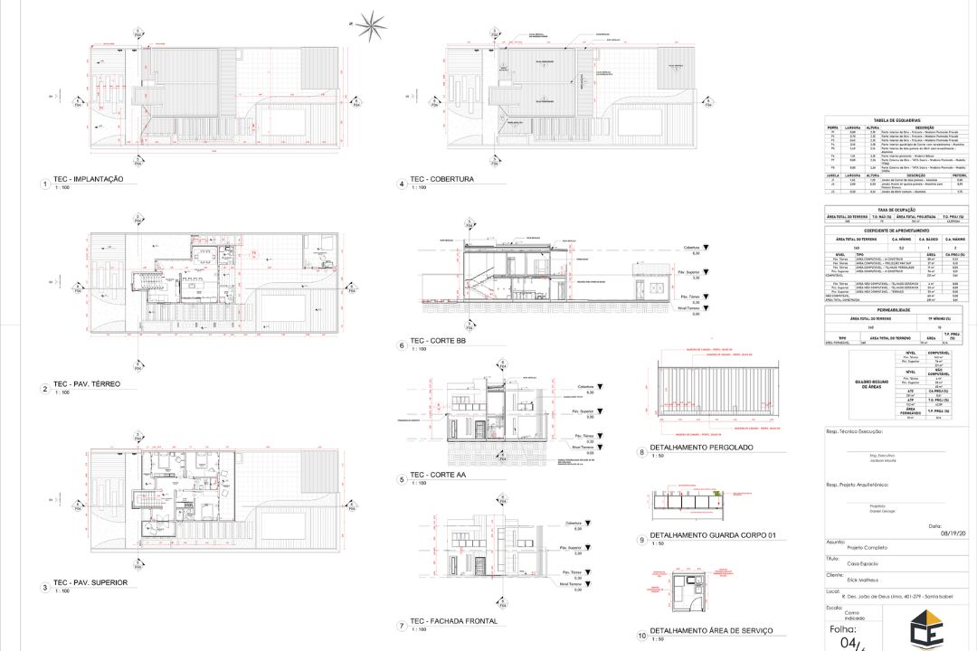 Prancha Revit do Template Santorini com implantação, pavimentos, cortes, fachada e detalhamentos padronizados.