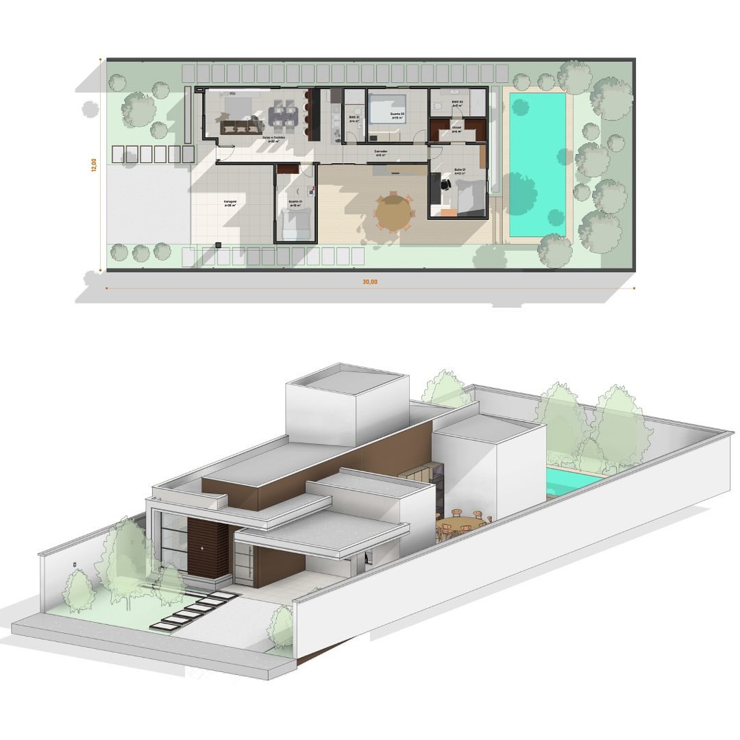Planta humanizada e vista 3D de projeto