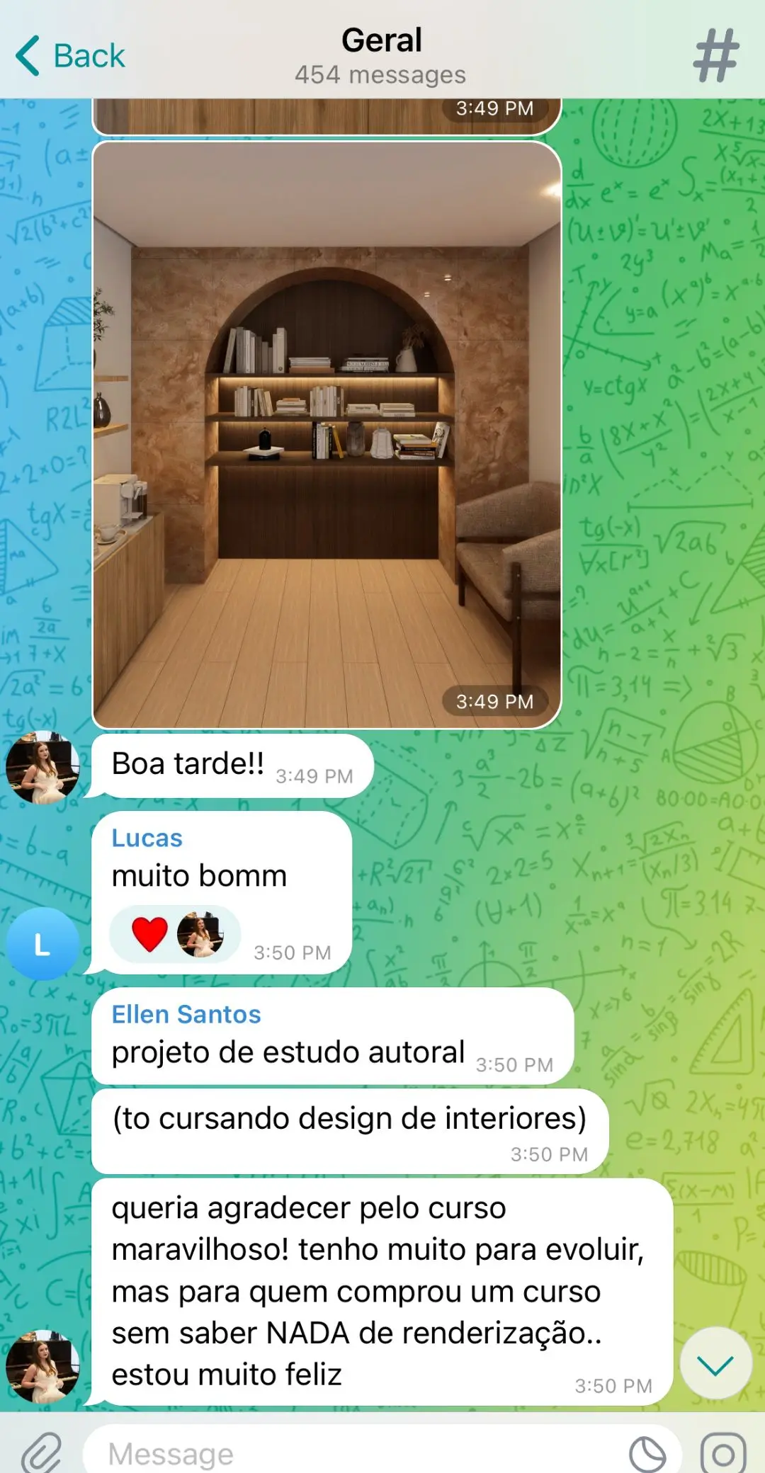 Print da conversa no grupo de alunos com o projeto de estudo autoral de Ellen Santos