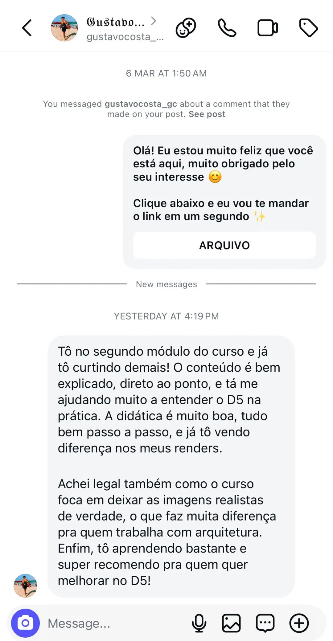 Print do direct enviado no Instagram por Gustavo Costa