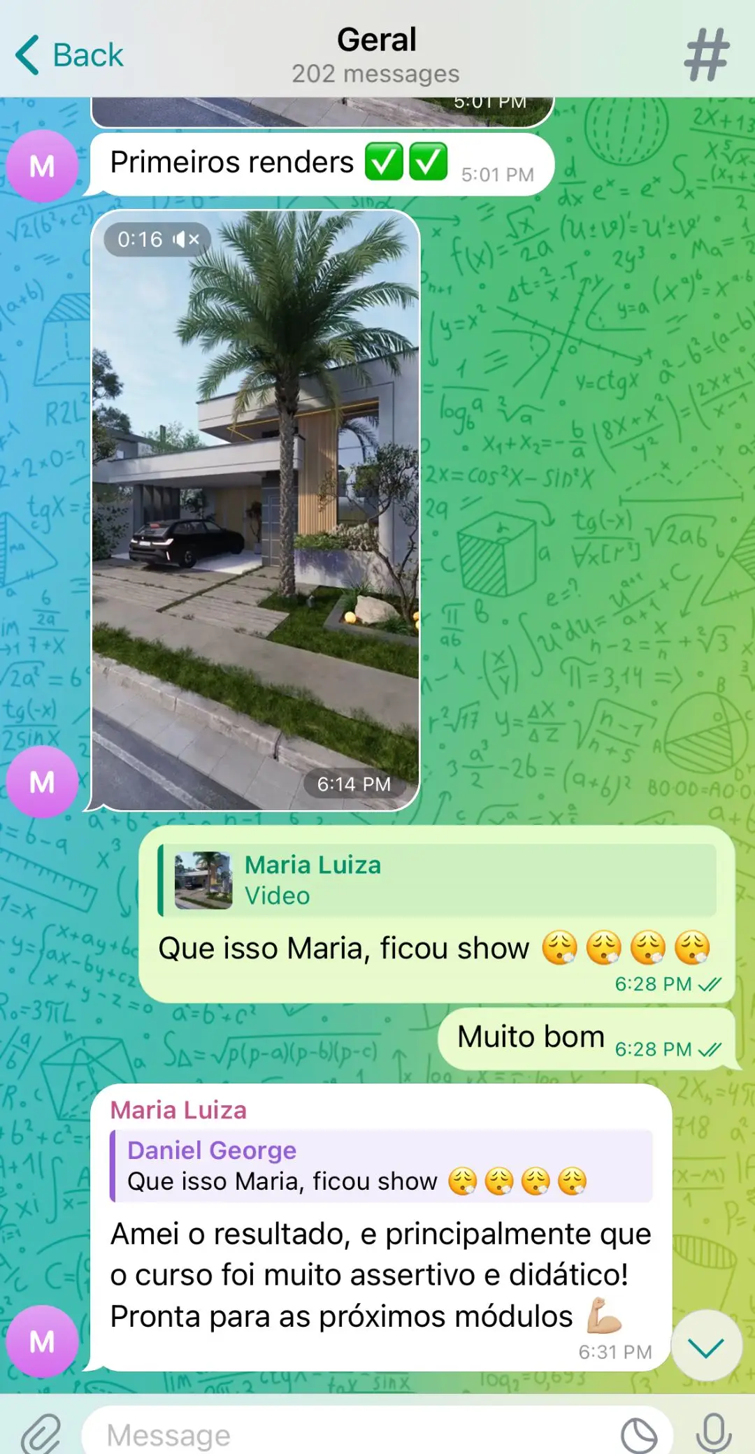 Print da conversa no grupo de alunos com os primeiros renders de Maria Luiza