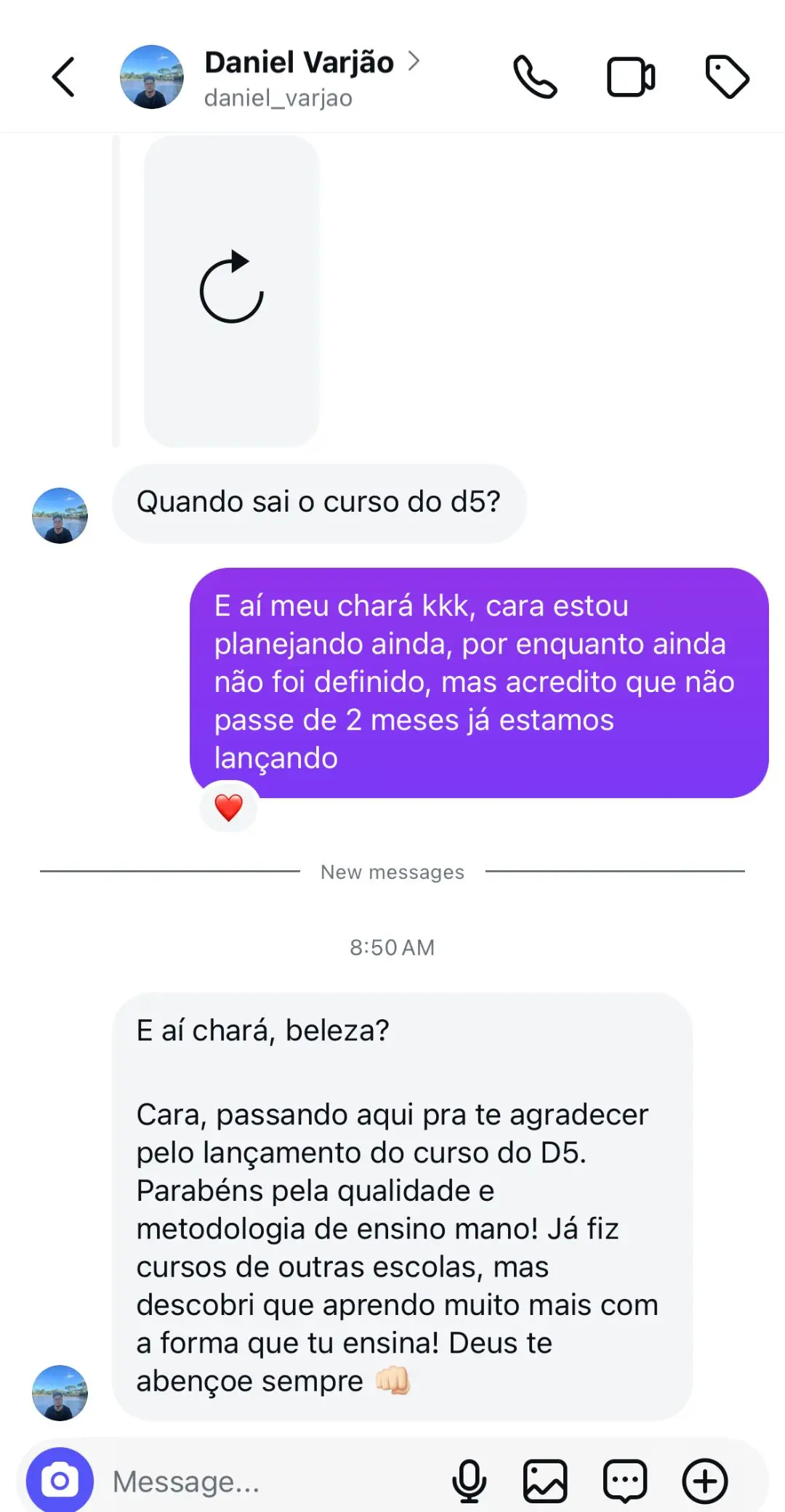 Print do direct enviado no Instagram por Daniel Varjão