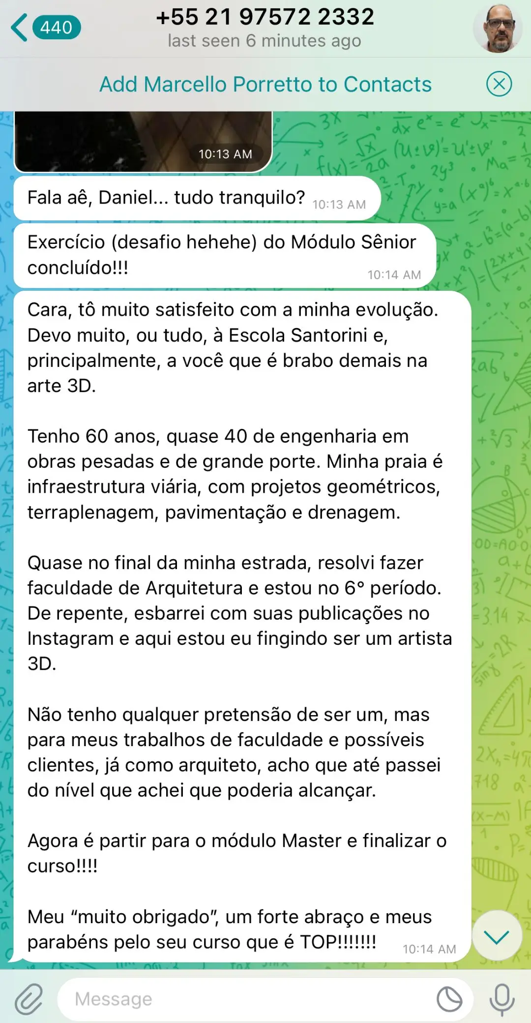 Print da mensagem enviada por Marcello Porretto após concluir o Módulo Sênior