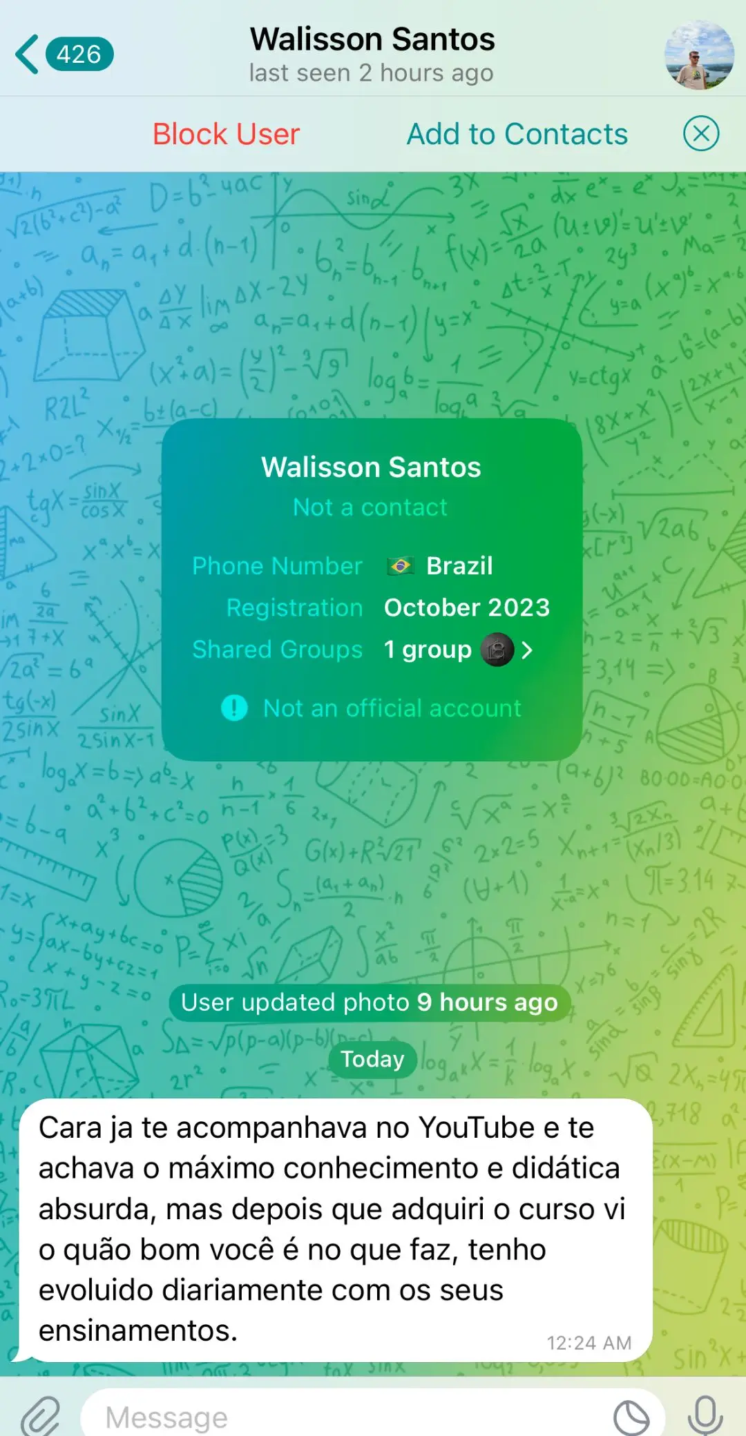 Print da mensagem direta enviada por Walisson Santos