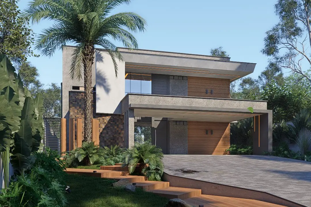 Render externo de fachada residencial com vegetação e luz solar feito no D5 Render
