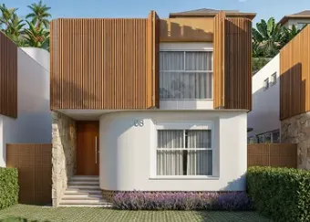 A casa 08 renderizada, com madeira, pedra e paisagismo tratados