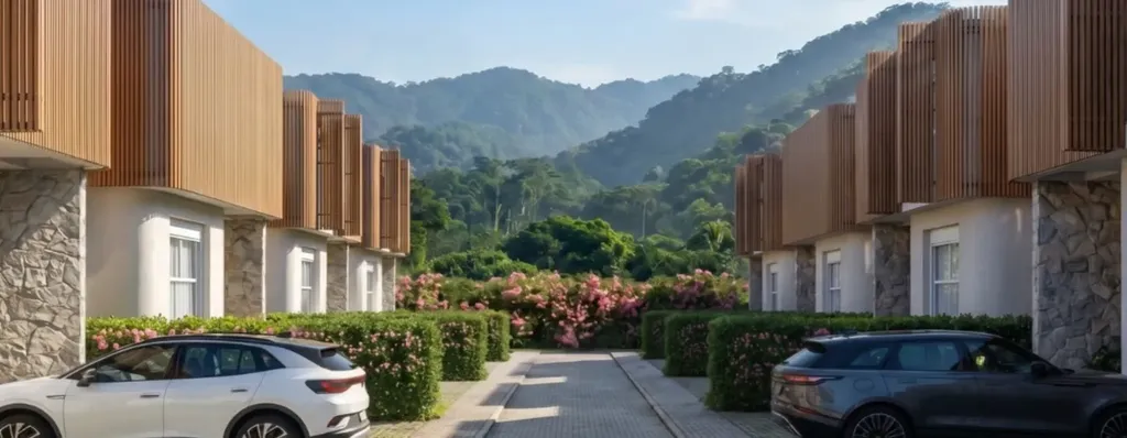 A mesma rua em imagem final: fachadas em madeira e pedra, jardins floridos e a serra ao fundo