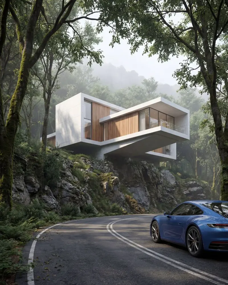 Render final da casa em concreto e madeira suspensa sobre a encosta, em meio à mata com neblina